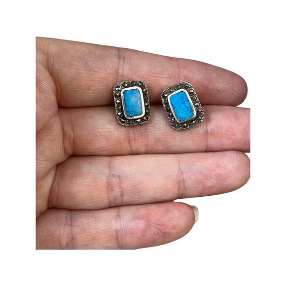 Sterling Silver Blue Turquoise Marcasite Post Earrings, Vintage Turquoise Studs - Picture 7 of 8